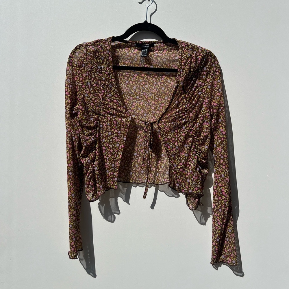 Forever 21 boho mesh floral long sleeve blouse with flounce sleeves & ruching - Picture 1 of 6